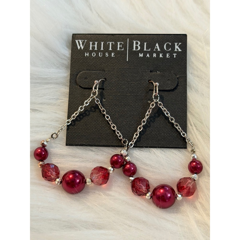 White House Black Market Burgundy Faux Pearl Faceted Bead Silver Tone Earrings